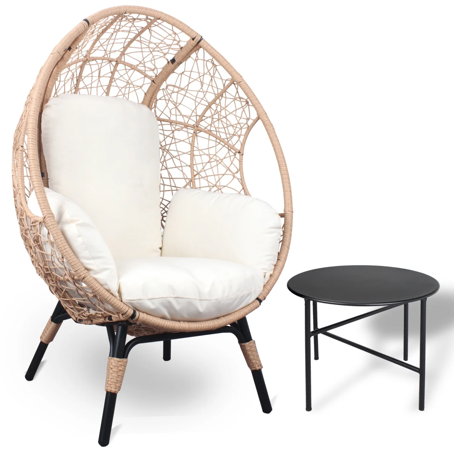 Elegant Patio PE Wicker Egg Chair Model 3 in Natural Color Rattan with Beige Cushion and Side Table Set for Outdoor Lounging and Relaxation