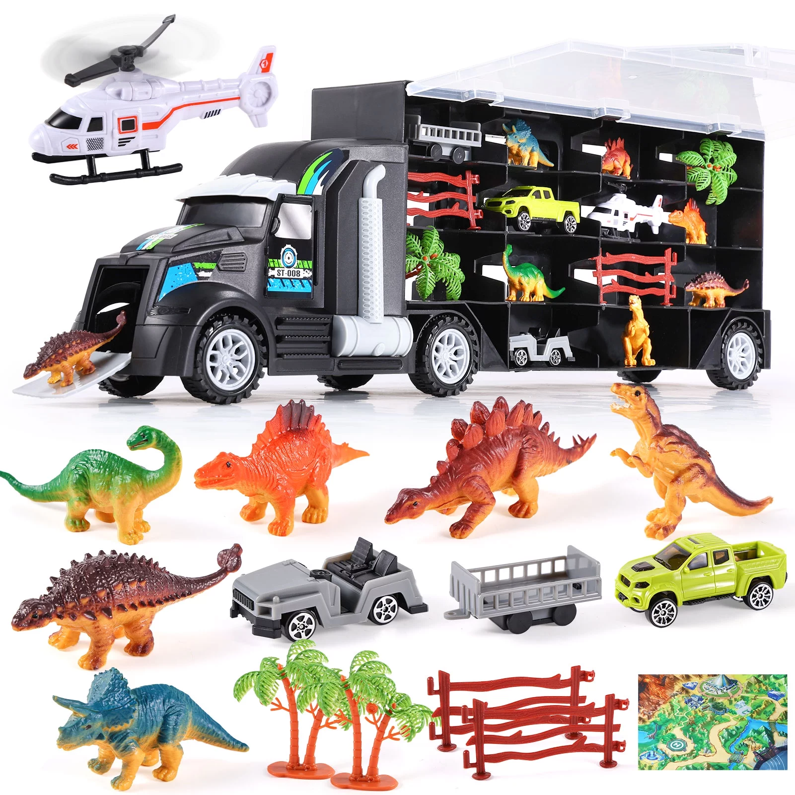 AOKESI Dinosaur Car Toys for Kids, Dinosaur Vehicles Transport Carrier Truck Includes Dino Figures, Mini Cars, Map, Dino Car Playset Toys Gift for Boys Girls 3-12