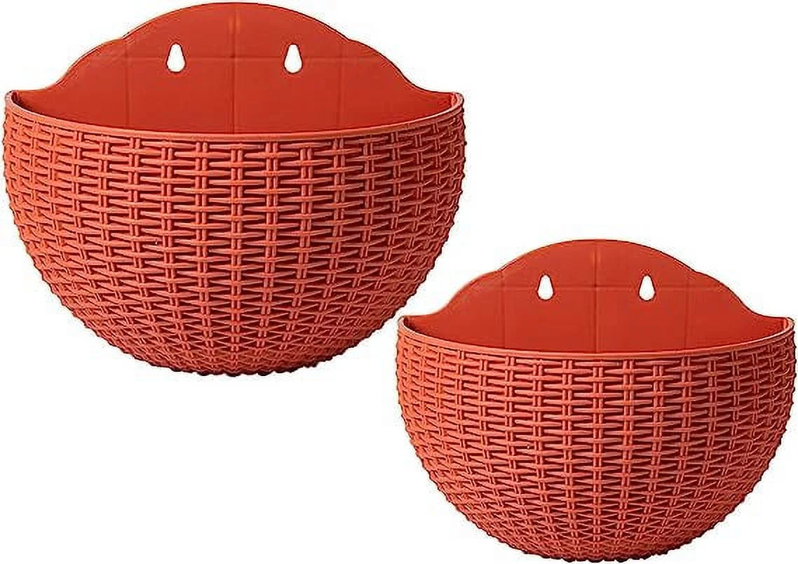 NAMZI 2 Pcs Imitation Rattan Wall Hanging Flower Pot, Semicircle Hanging Planters Outdoor with Drainage Hole and Hooks, Plastic Garden Hanging Basket for Balcony Fence