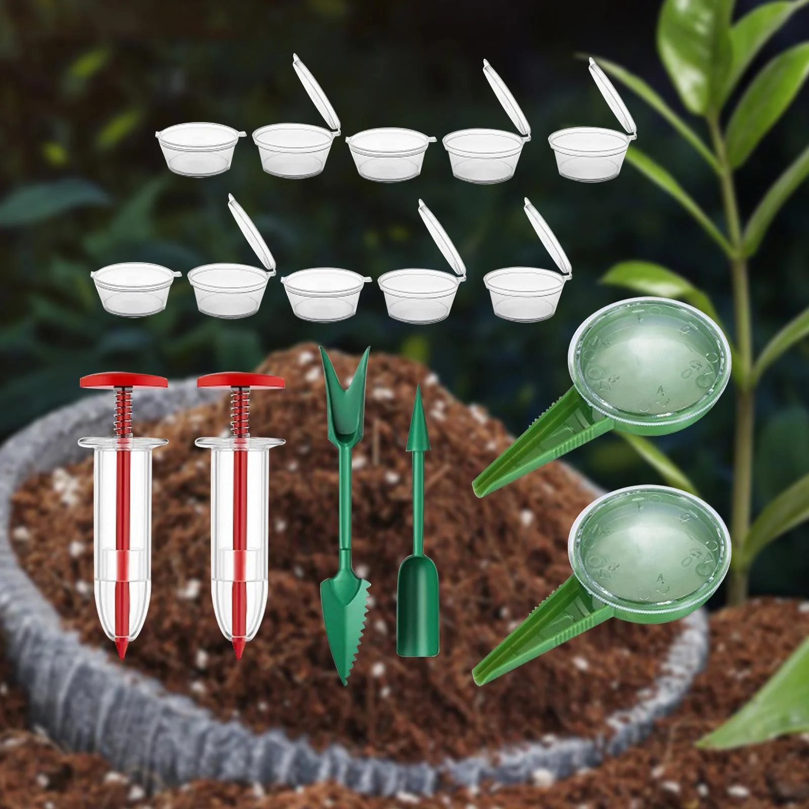 simhoa Mini Seed Spreader Set Handheld Seed Planter, Planter Tool, Portable Sowing Seed Dispenser, Manual Seedling Dibber and Widger 10 Clear Boxes