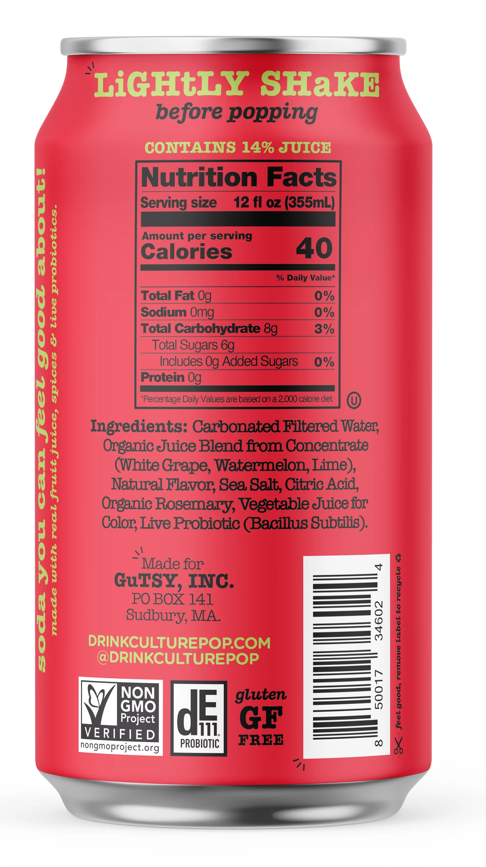 Culture Pop Sparkling Probiotic Soda, Watermelon Lime, 12 Fl Oz Cans (Pack of 12)
