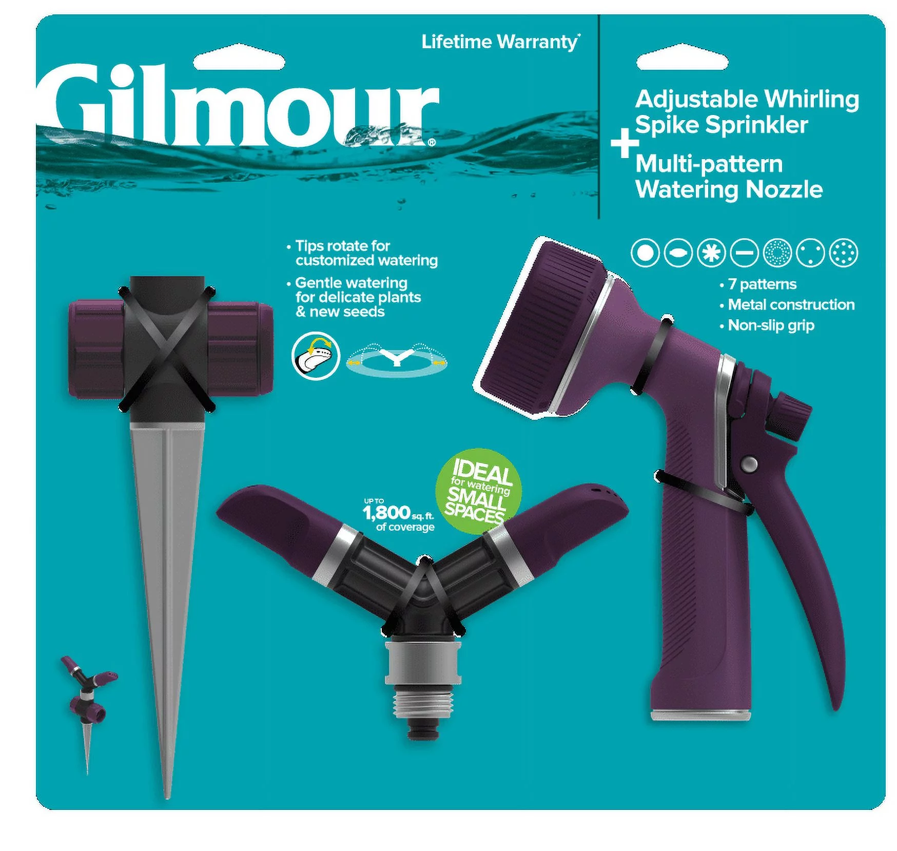 Gilmour Adj Whirling Sprinkler w/ Spike Base, Rear Control Watering Nozzle Set, Metal Water Passage