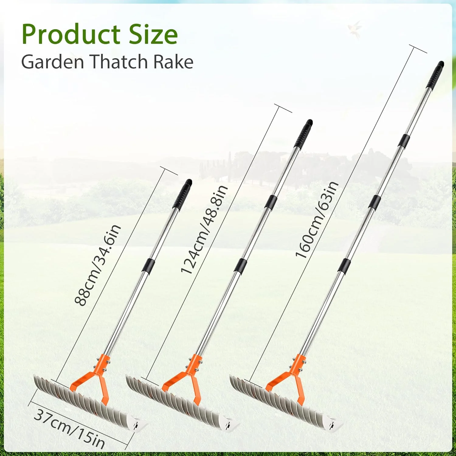Thatch Rake, 15-Inch Lawn Thatching Rake, Robust Dethatcher Rake, Efficient Steel Metal Rake with Handle, Versatile Grass Grooming Rake for Cleaning Dead Grass, Yard Garden Durable Soil Rake (Orange)