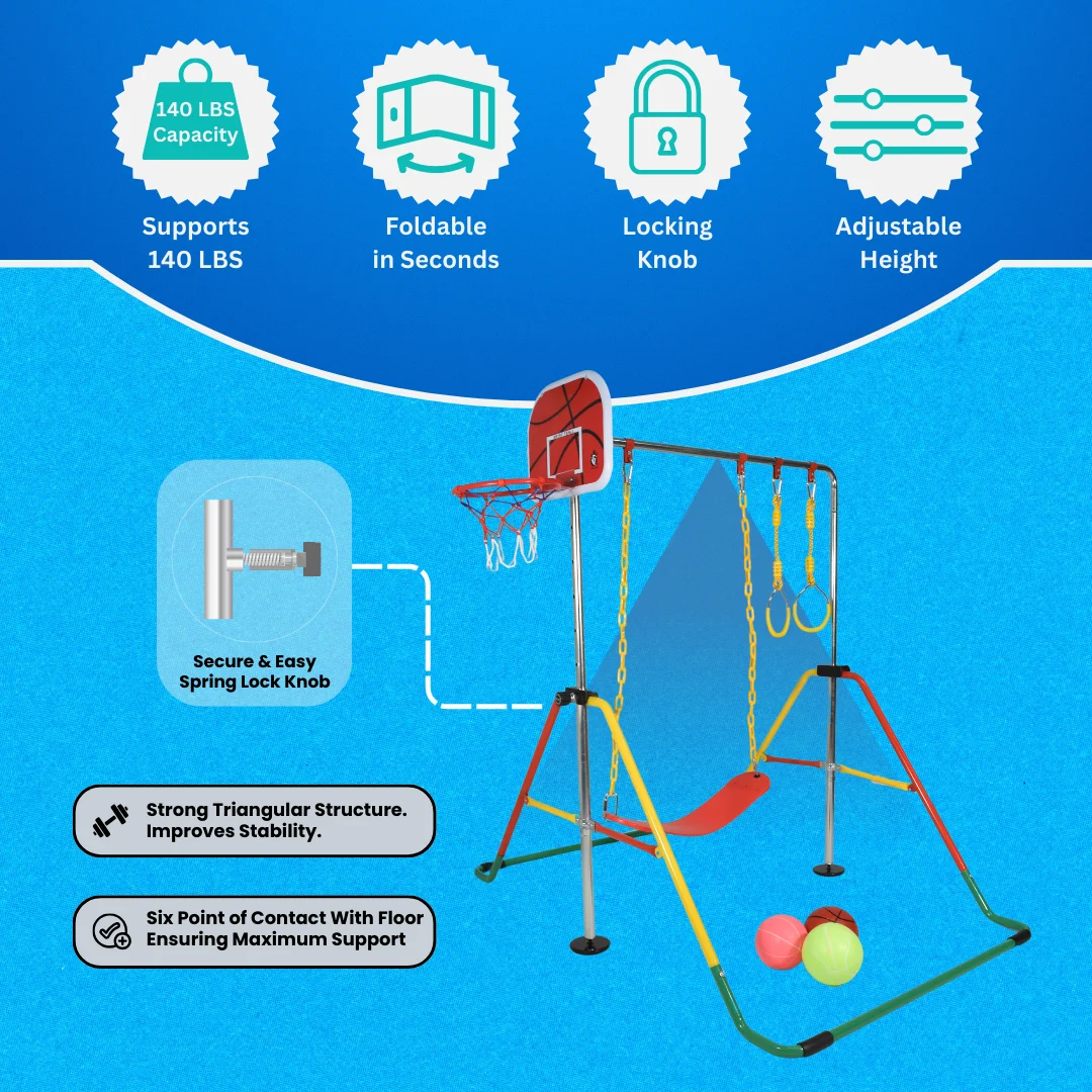IRONBAR 4 IN 1 Playset, Swing Set, Metal Frame, Ring Set, Gymnastics, Basketball, Foldable Easy Storage