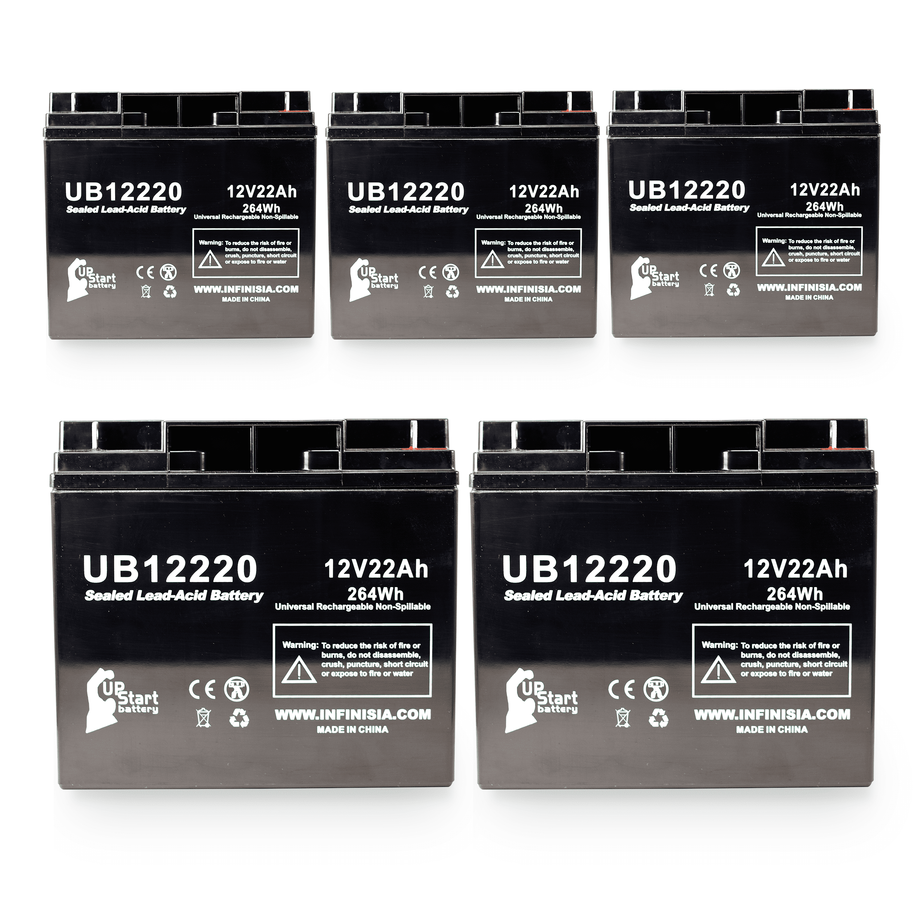 5x Pack - Compatible Hitachi HP1512P Battery - Replacement UB12220 Universal Sealed Lead Acid Battery (12V, 22Ah, 22000mAh, T4 Terminal, AGM, SLA)