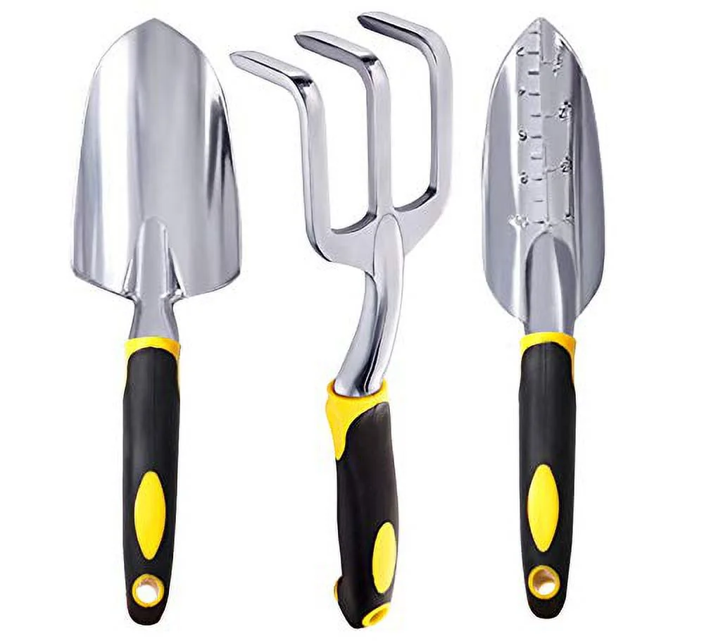 SaphiRose Garden Tools Set,3 PCS Heavy Duty Cast-Aluminum Hand Gardening Kit with Soft Rubberized Non-Slip Handle Including Trowel,Transplant Trowel and Cultivator Hand Rake