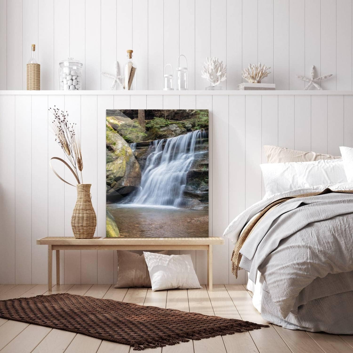 HelloGlass Tempered Glass Wall Art Decor Hocking hills Water fall Prints On Glass Paingting Picture Modern Artworks For Living Room Bedroom Office 12x8inch