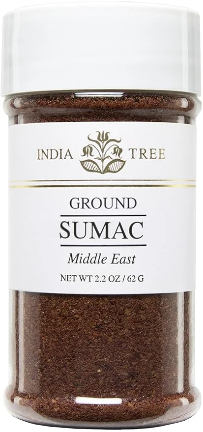 India Tree Sumac, 2.2 Ounce Jar, Lemony Flavor for Meat & Veggie Dishes, Perfect Hummus & Baba Ghanoush Topping, Ideal Seasoning for Fried Potatoes, Kosher Certified