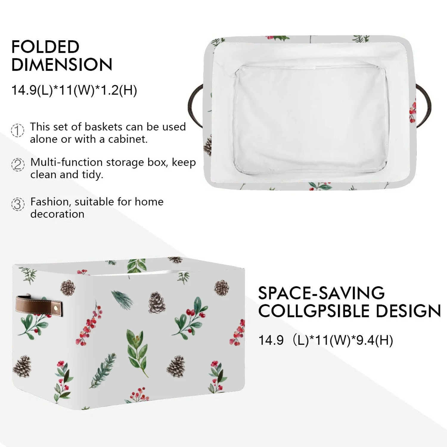 Wellsay Rectangle Storage Bin, Winter Plants 15x11x9.5in Collapsible Organizer Storage Basket for Home Décor 1pcs