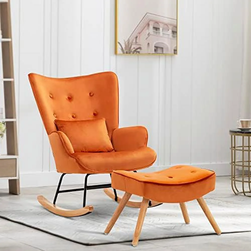 DIKTESSE Modern Velvet Rocking Chair  Glider Chair with Ottoman Cushion  Nursery Mid Century Upholstered Tufted Chair Rocking Armchair Rocker Accent Chair for Livingroom  Balcony  Grey