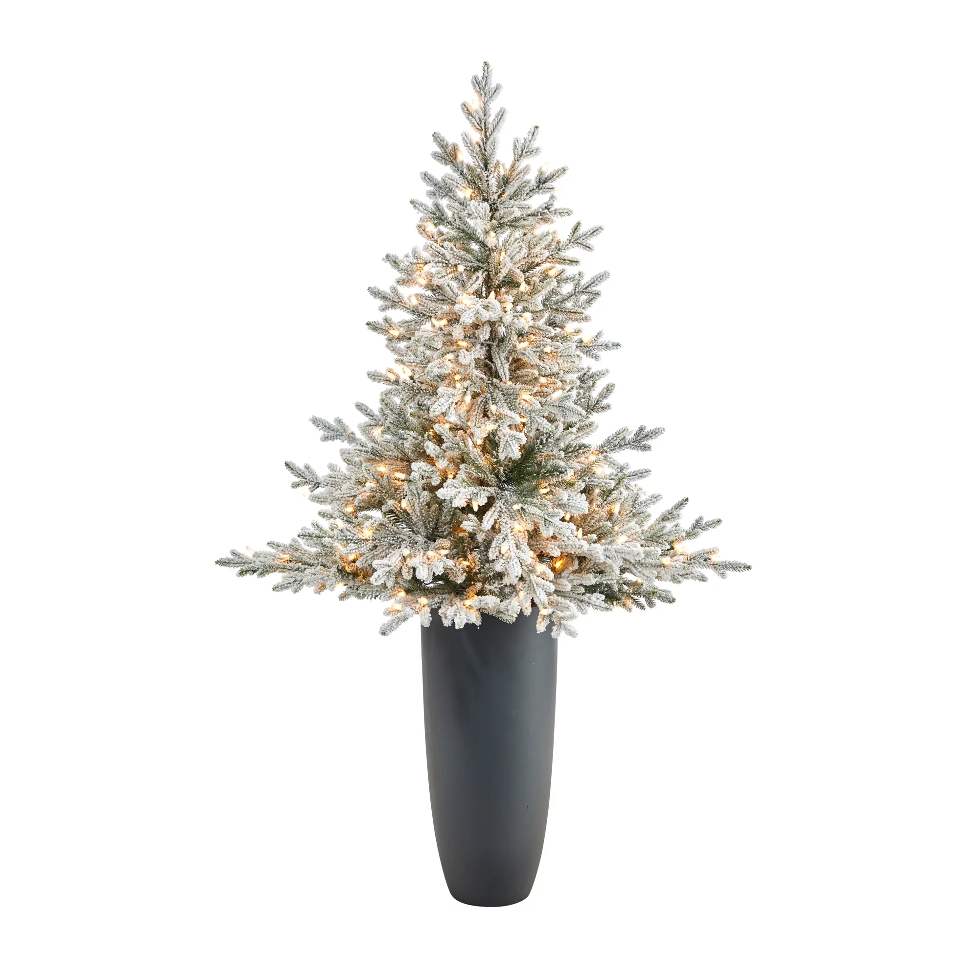 Nearly Natural 5' Flocked Fraser Fir Artificial Christmas Tree, Prelit with 300 Warm White Lights