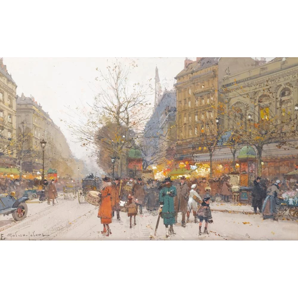 Eugène Galien-Laloue 24x16 Gold Ornate Framed and Double Matted Museum Art Print Titled - Theater from the Gymnasium, Boulevard De Bonne-Nouvelle