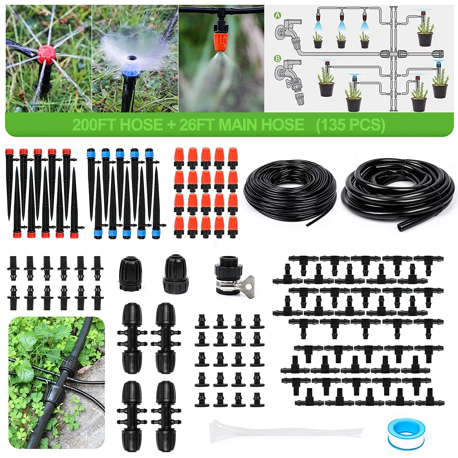 226FT Greenhouse Micro Drip Irrigation Kit Automatic Irrigation System Patio Misting Plant Watering System with 1/4 inch 1/2 inch Irrigation Tubing Hose Adjustable Nozzle Emitters Barbed Fittings