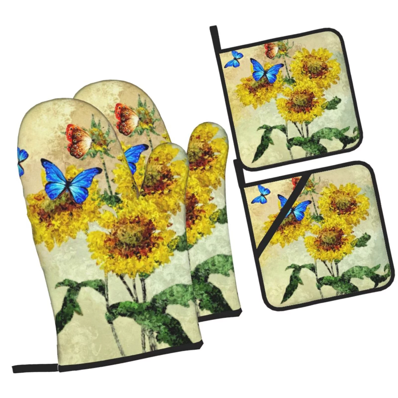 XMXT Waterproof Oven Mitts and Pot Holders Sets, Watercolor Butterfly Decoration Sets Kitchen Cooking Heat Resistant, 4 Pcs