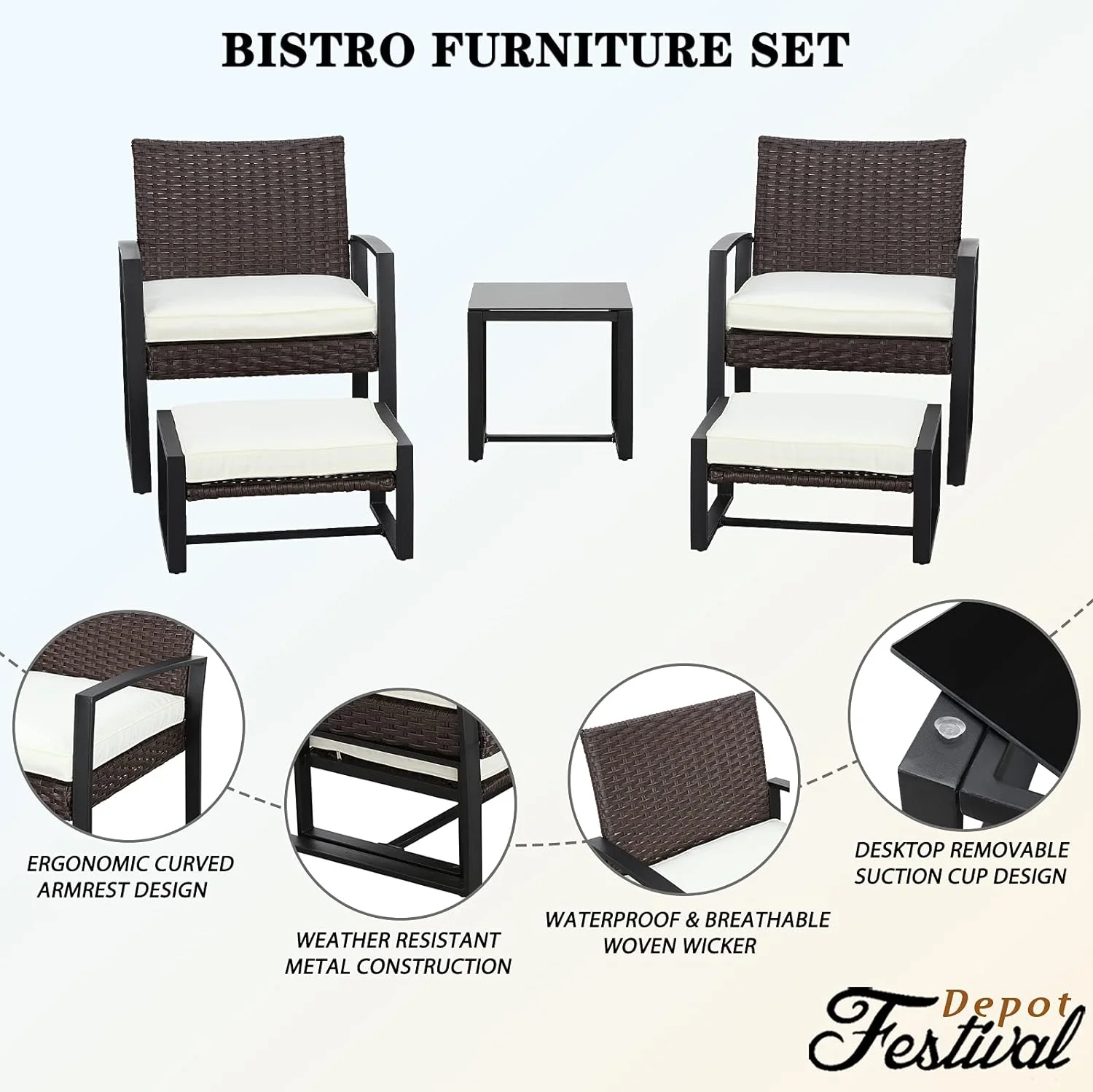 Patio Conversation Set with Rattan Chairs, Ottoman,  Glass Top Side Table |