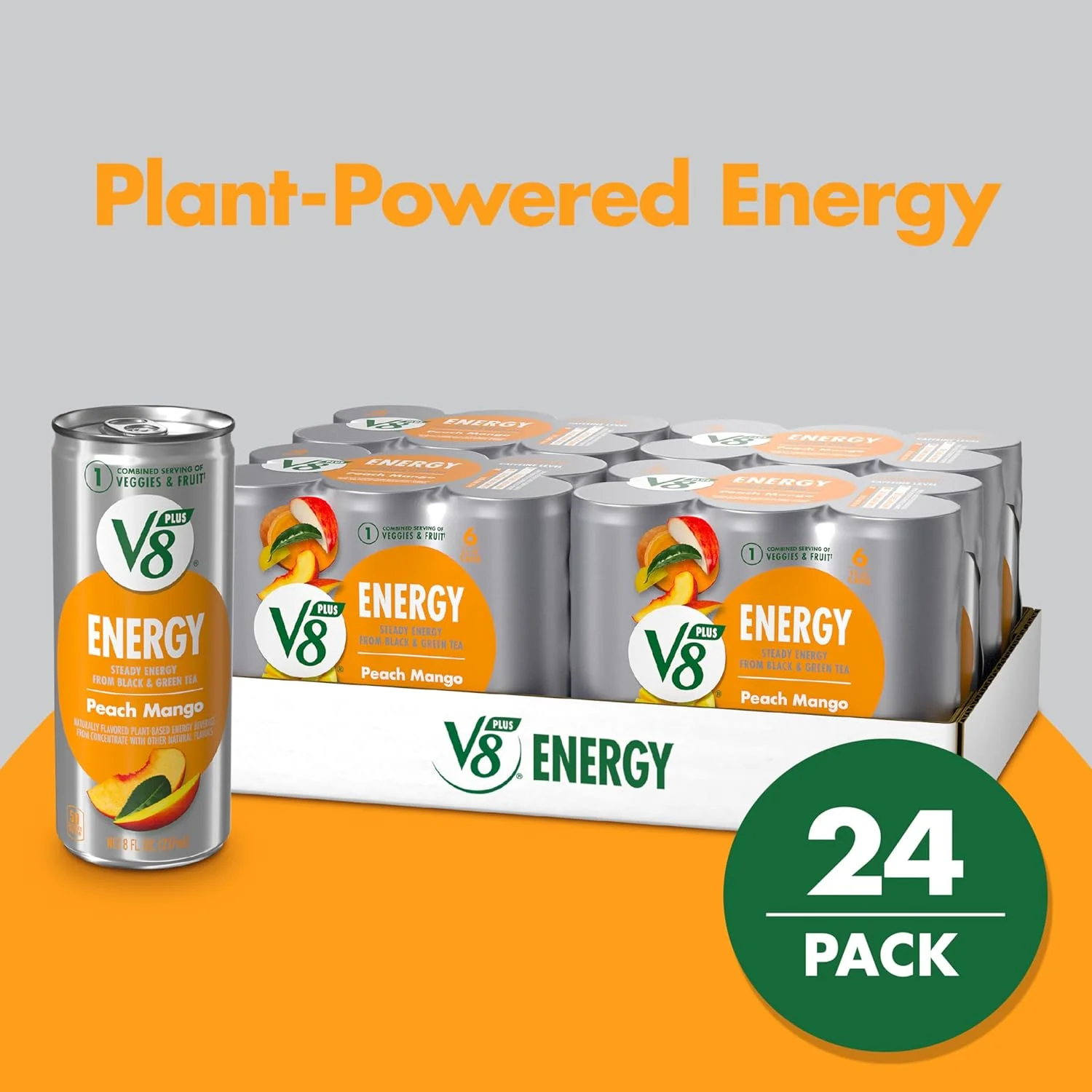 V8 +Energy, Healthy Energy Drink, Natural Energy from Tea, Peach Mango, 8 Ounce Can (4 Packs of 6, Total of 24) 8 Fl Oz (Pack of 24)