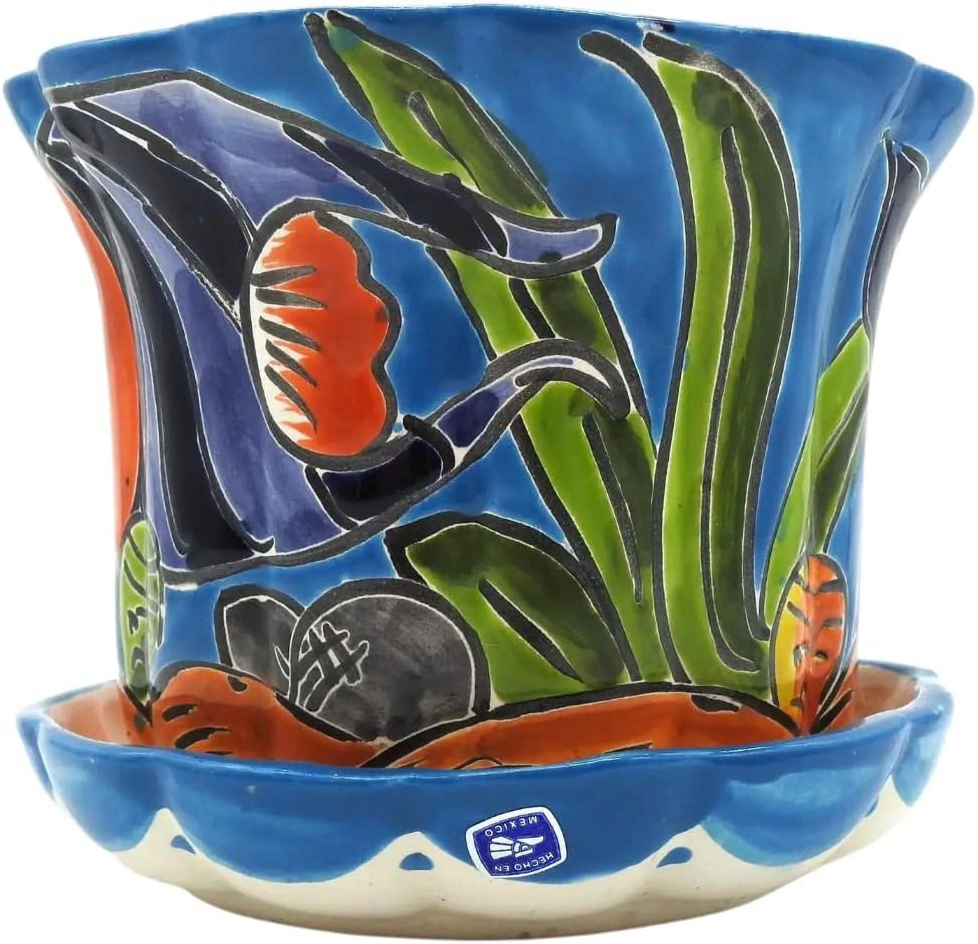 Violet With Saucer Small Hand Painted Planter Indoor Outdoor Multi Colored Glazed Light Blue Fish