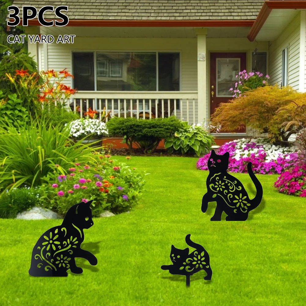 Willstar Cat Yard Art Black Cat Silhouette Pile Metal Animal Lawn Decoration Gift 3 PCS