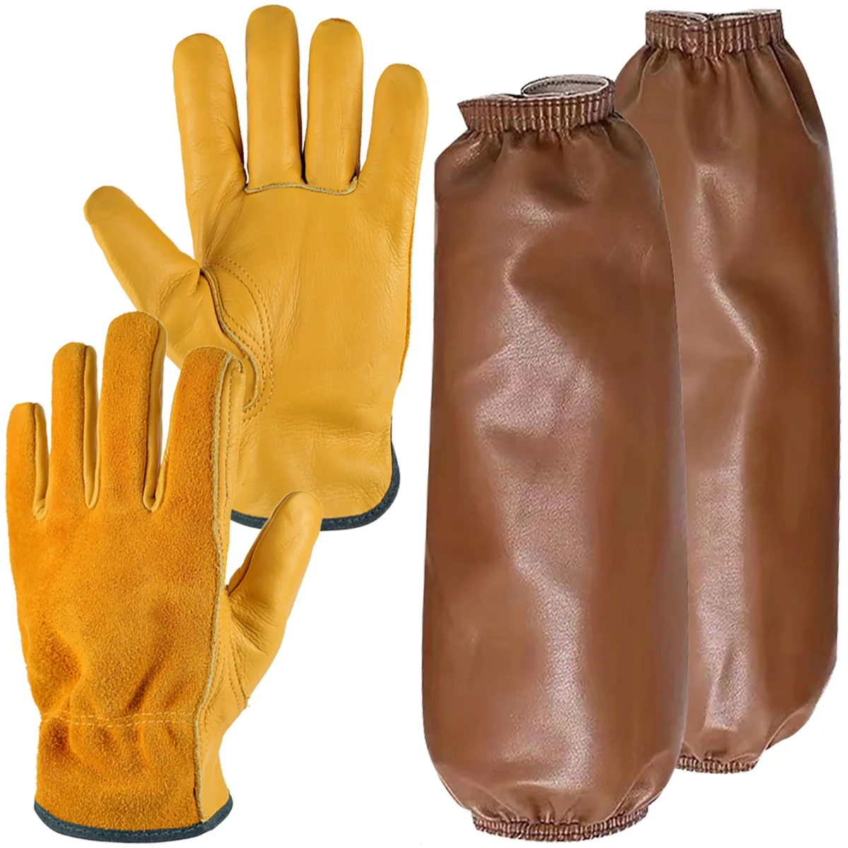 Gardening Gloves with Waterproof Sleeves, Cowhide Leather Work Gloves for Men Women, Gold L