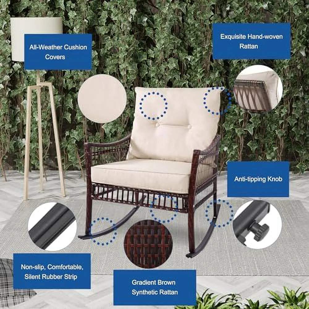 HYHBIBOOM 3 Pieces Patio  Set  Outdoor Rocking Chairs   Wicker Cushioned Patio Rocker with  for Porch  Garden  Poolside & Deck  Blue