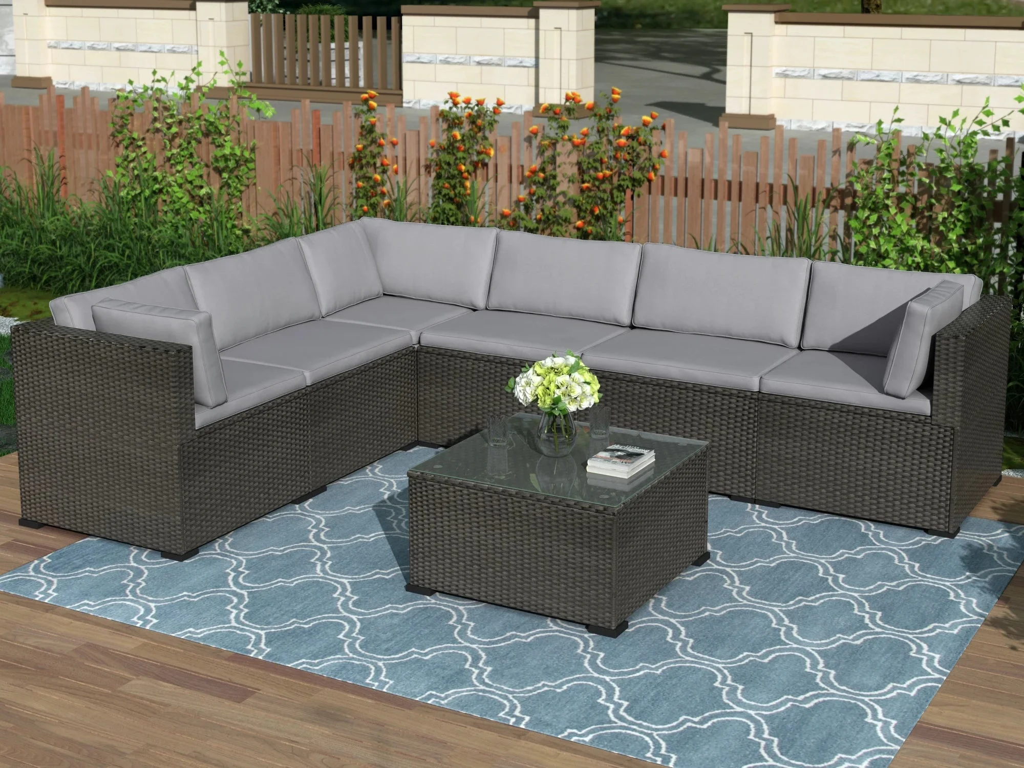 Patio Furniture 7Pcs Set Outdoor Sectional Conversation Set 3 Corner Sofa+3 Middle Sofa+1 Coffee Table w/ Soft Cushion[US-Depot]