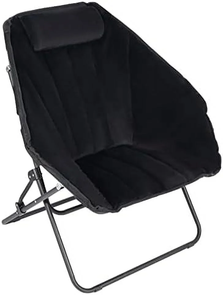 GFVCNIO Oversized Folding Saucer Chair   Round Comfortable Camping Chair with Velvet Pillow & Iron Frame  Hexagon Dish Chair Foldable for Bedroom Dorm Office  Black(2 Packs)