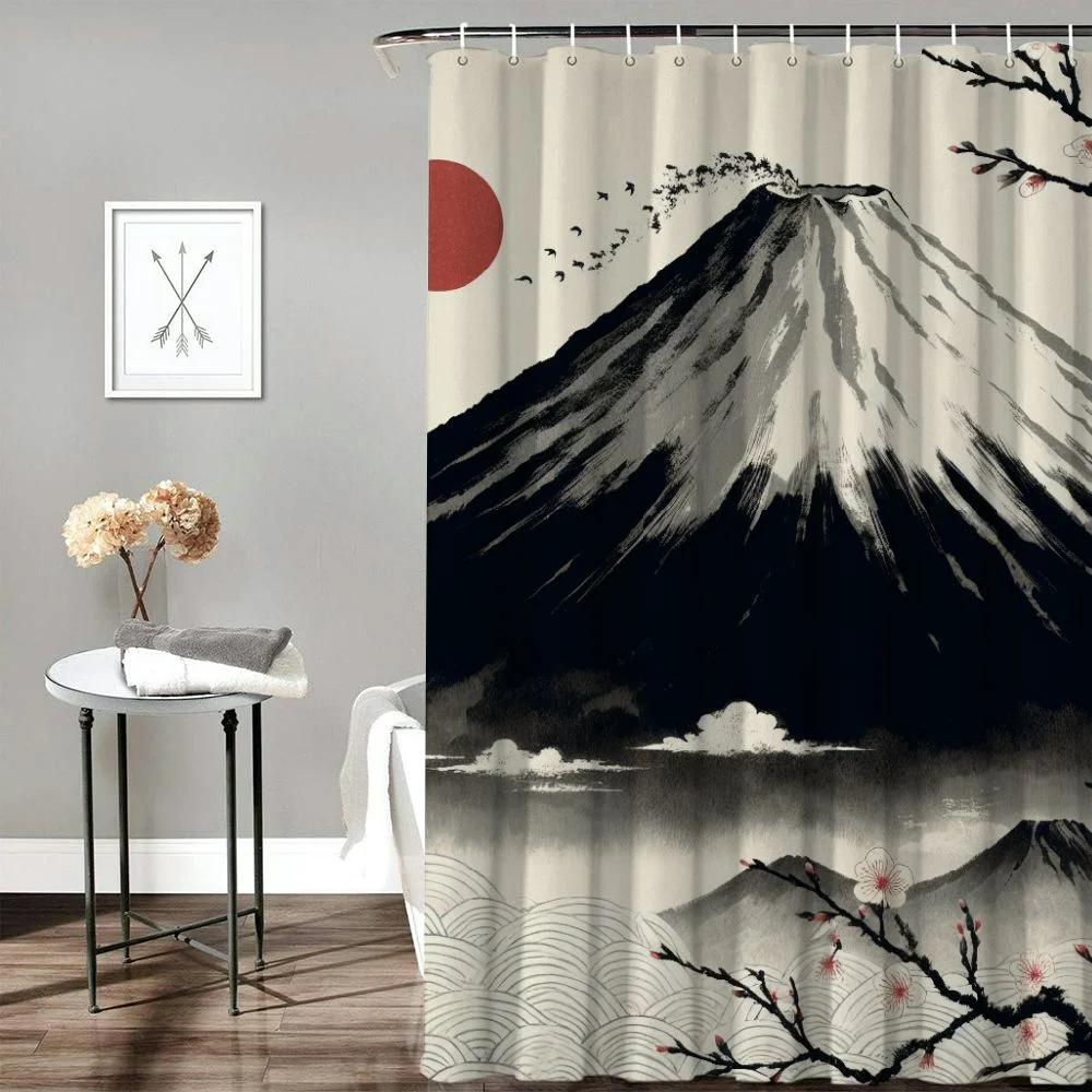 Lzatpd  Cherry Blossom Shower Curtain Japanese Fuji Snow Mountain Asia Blooming Plum Floral Aesthetic Weeping Flower Branch  Watercolor Scene Waterproof Polyester Fabric Bathroom Bathtub