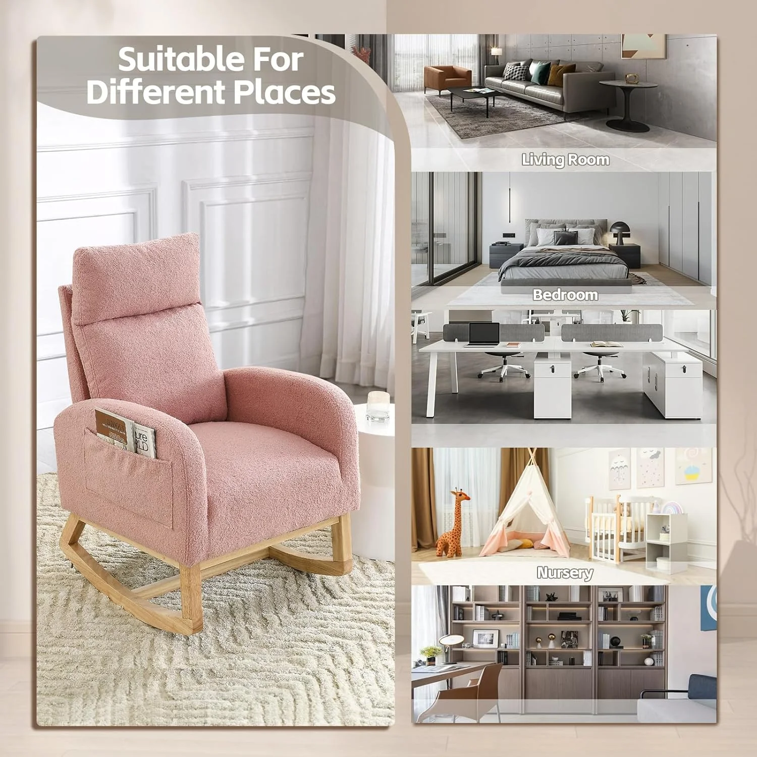 YPSXVGJ Rocking Chair Nursery Upholstered Baby Glider Rocker Chair Comfy  Arm Chair with Side Pockets&Solid Wood Legs Modern Nursing Single Sofa Chair  Room Bedroom(Fabric-Beige)