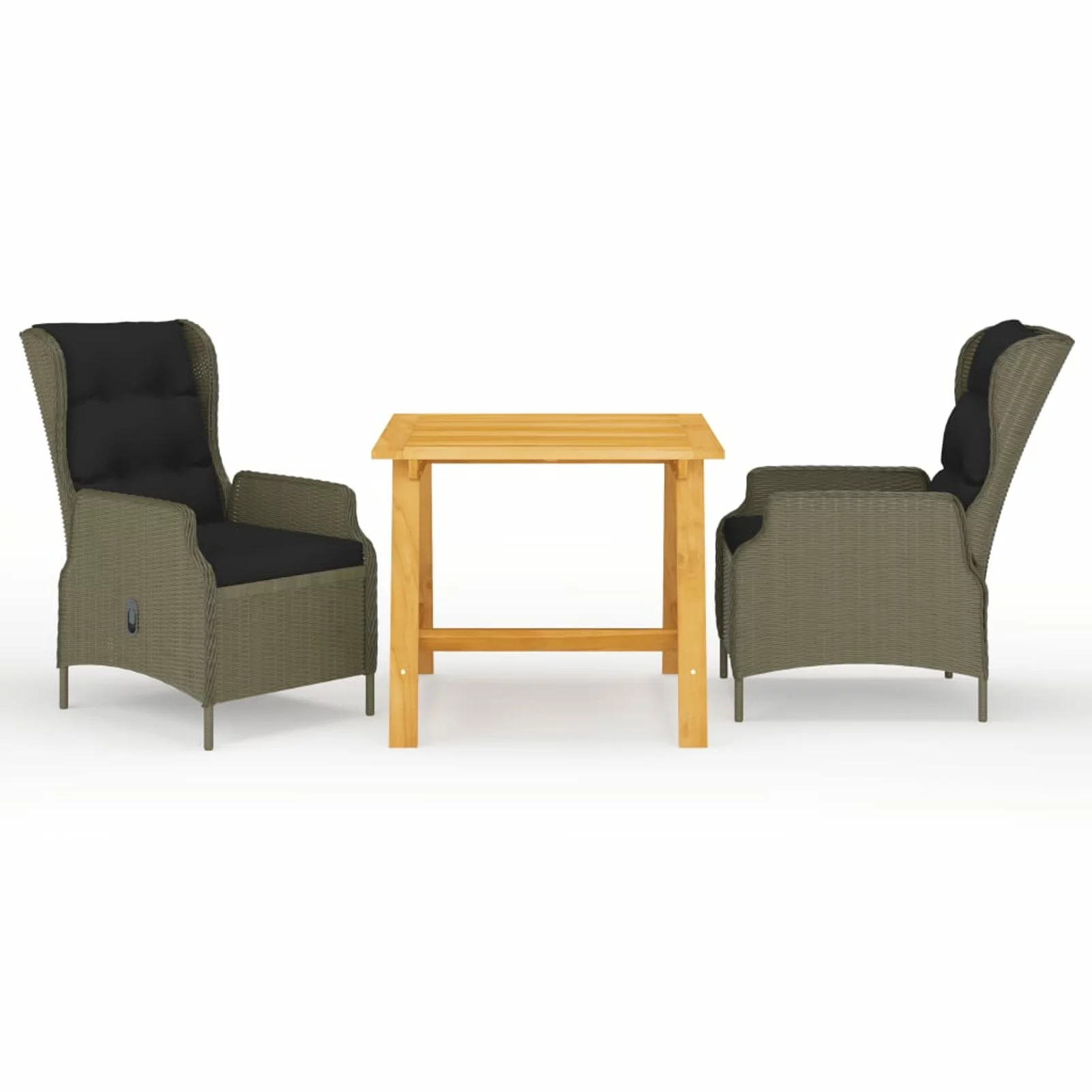 Dcenta 3 Piece Patio Dining Set Acacia Wood Table and 2 Backrest Adjustable Chairs with Seat and Back Cushion Brown Poly Rattan for , Garden, Backyard, Balcony