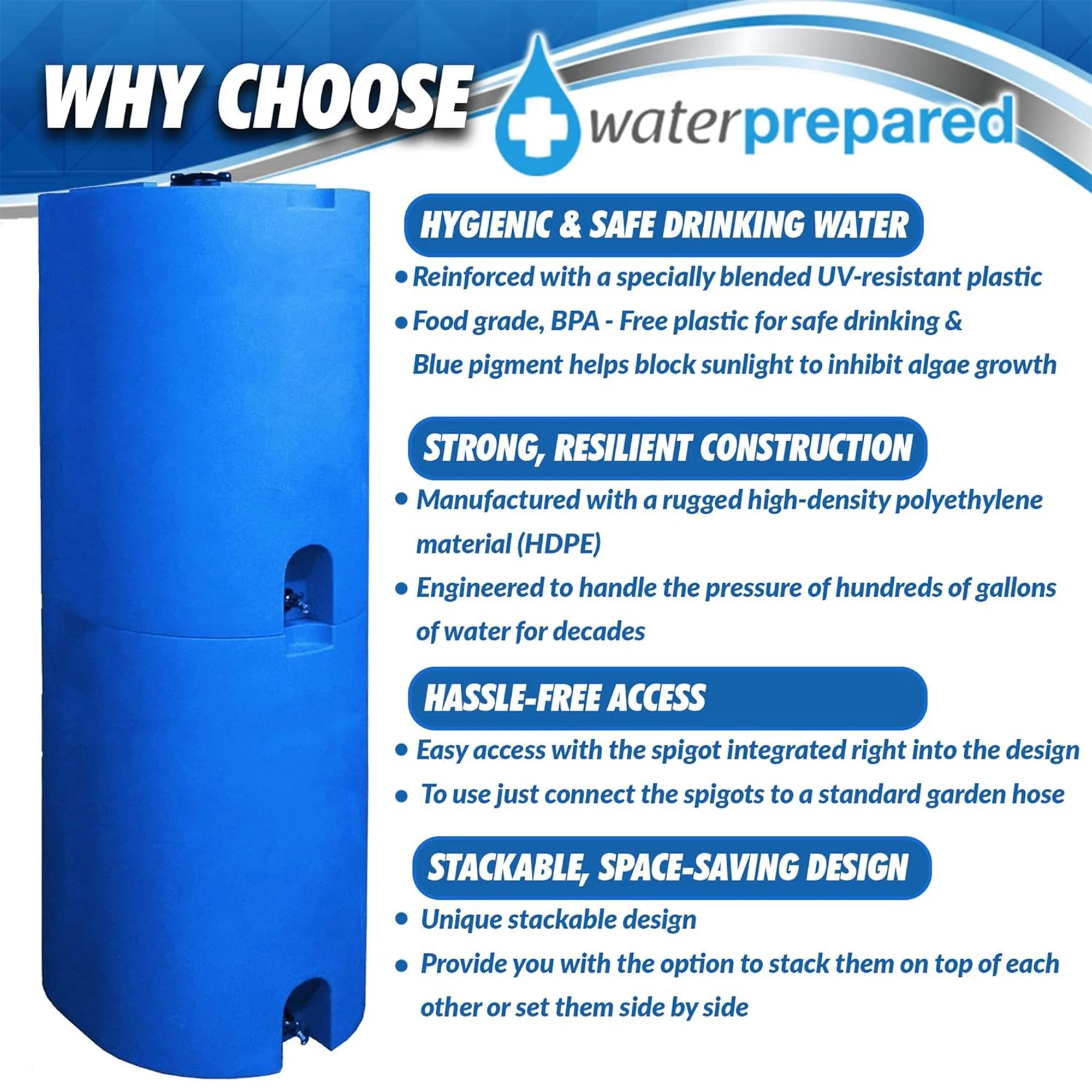 WaterPrepared 55 Gal Stackable Design Utility Water Tank, Blue (3 Pack)