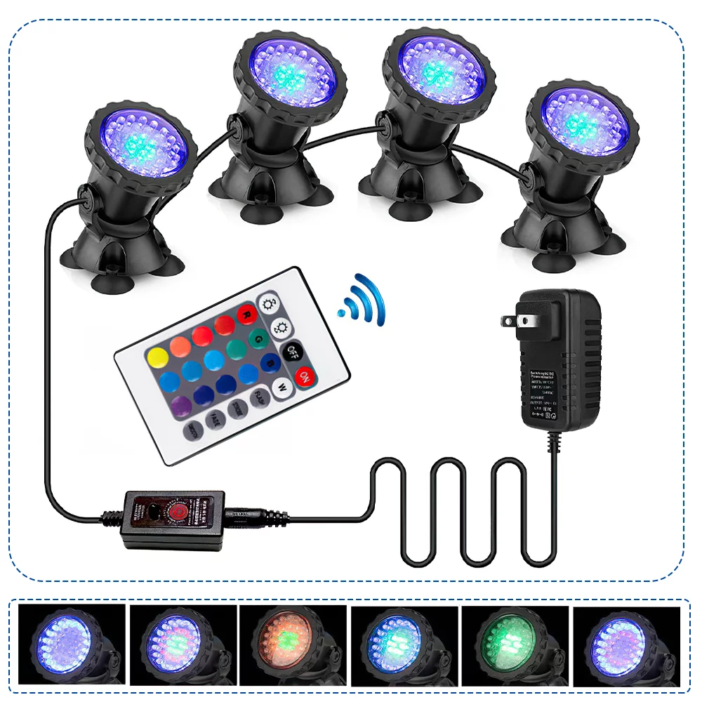 Submersible 36 LED RGB Pond Spot Lights Underwater Pool Fountain IP68+IR Remote