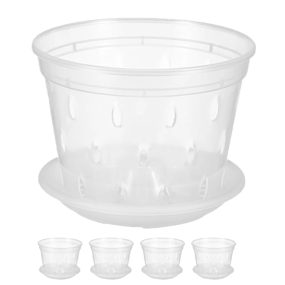Jibingyi 5 Sets of Orchid Pots with Holes and Saucers Plastic Flower Plant Pot Breathable Slotted Orchid Planter