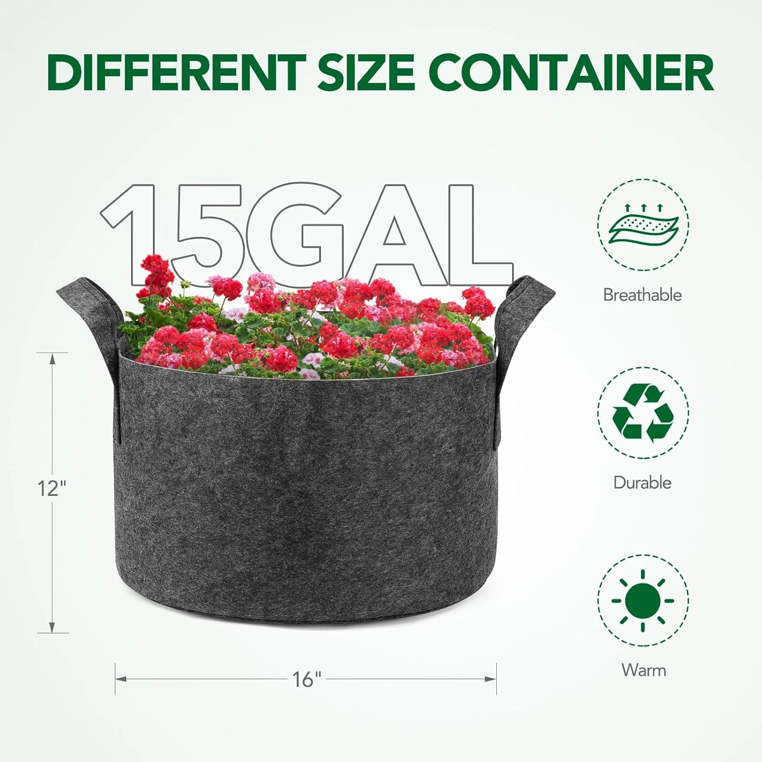 12-Pack 15 Gallon Heavy Duty Aeration Fabric Pots Thickened Nonwoven Plant Grow Bags Grey