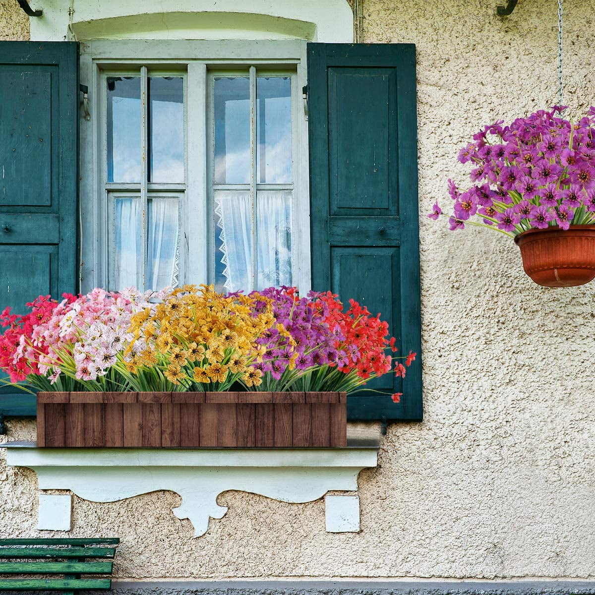 Viworld 20 Bundles Artificial Flowers UV Resistant Fake Plants Outdoor Faux Plastic Flowers Garden Window Box Porch Home Decor (Purple)