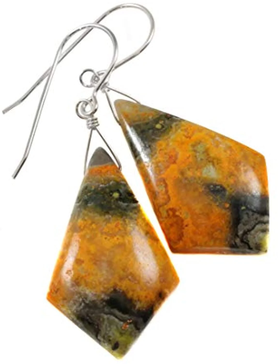 Sterling Silver Bumble Bee Jasper Earrings Large Pointed Triangle Teardrops Smooth Cut Yellow Orange Dangles Designed for Adult Women and Teen Girls