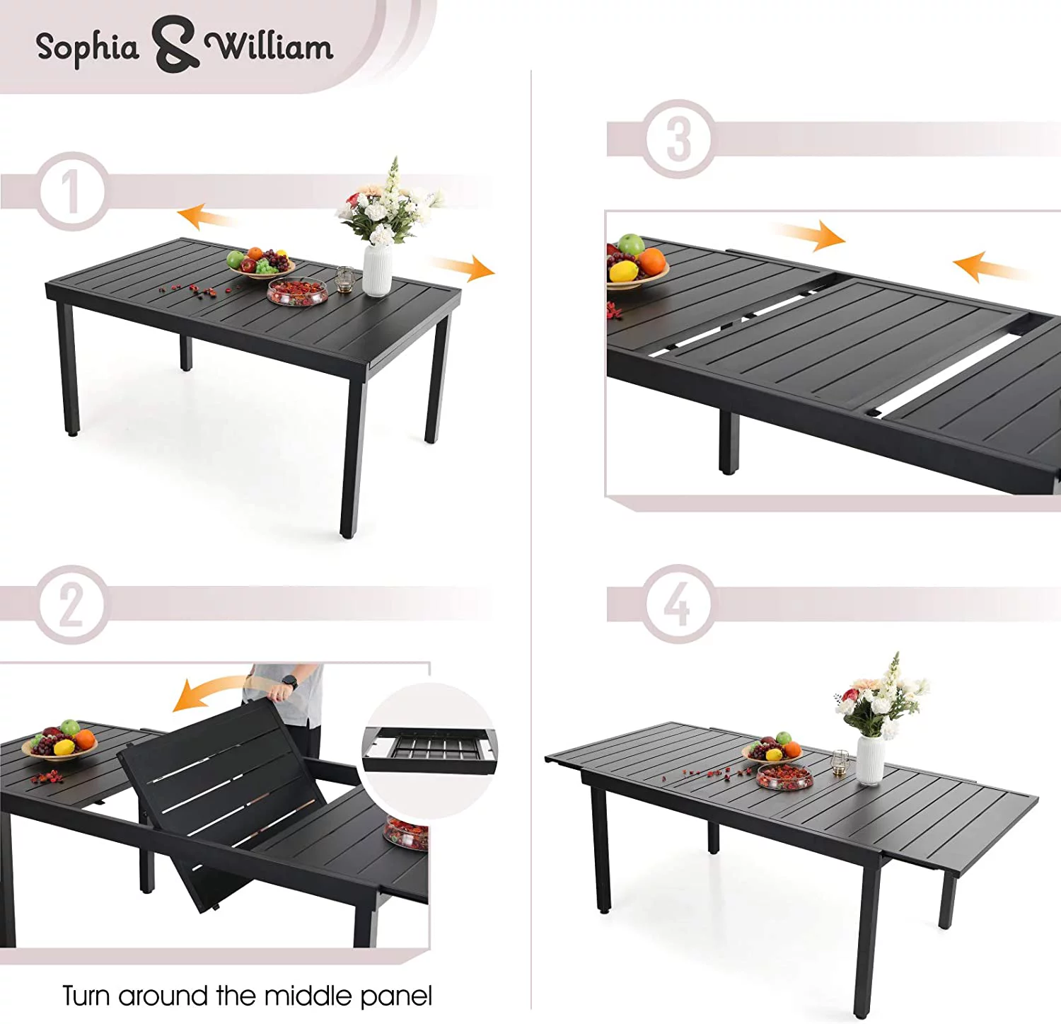 & William Patio Dining Set 9 Piece Expandable Outdoor Table Furniture Set with 8 Metal Spring Motion Dining Chairs and 1 Rectangular Bistro Deck Table with Leaf  Beige