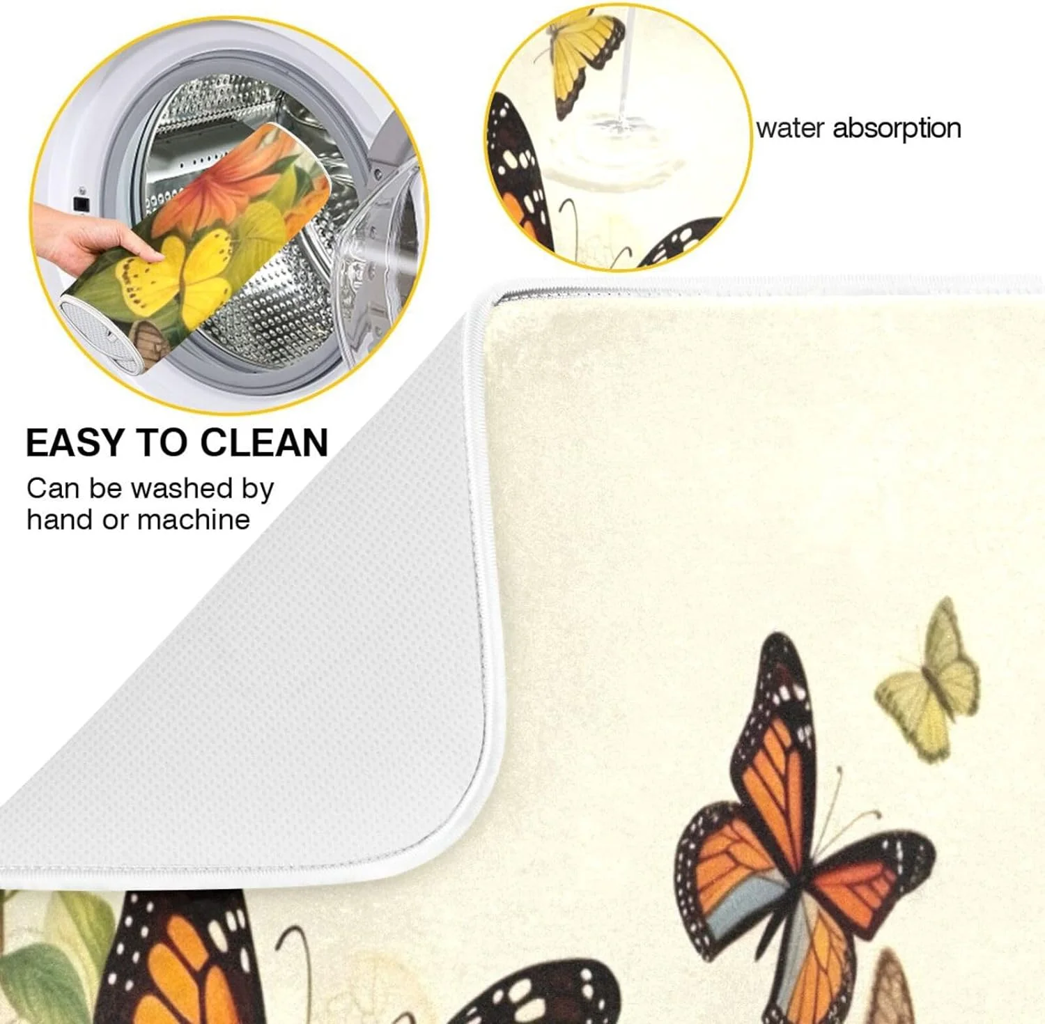 FREEAMG Flying Butterflies Dish Drying Mats Tableware Absorption Water Mat Home Decor Drying Pad for Kitchen Countertop, 16 X 18 Inch