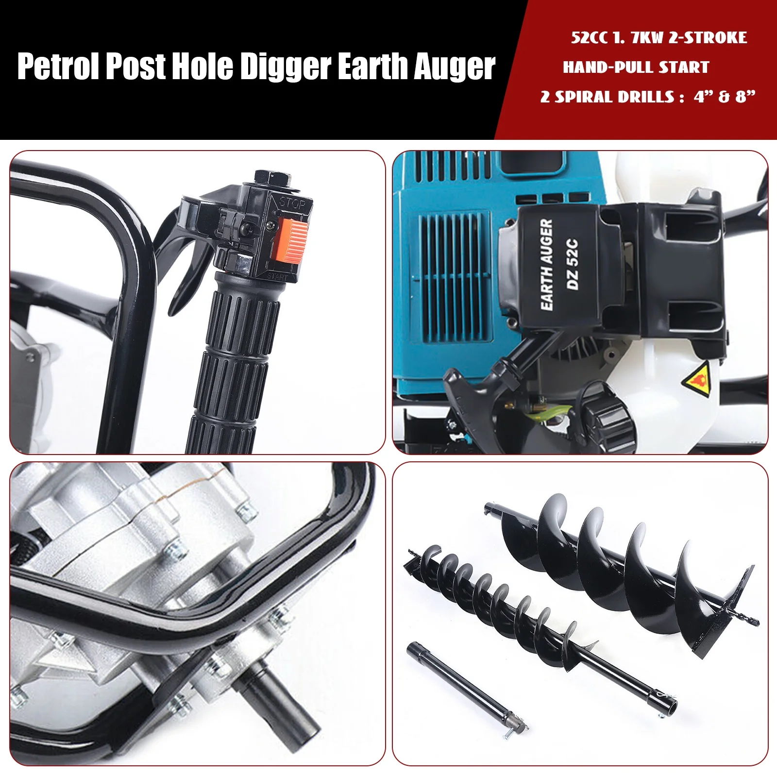 Fichiouy 52cc 2 Stroke Post Hole Digger Gas Powered Earth Auger with 4