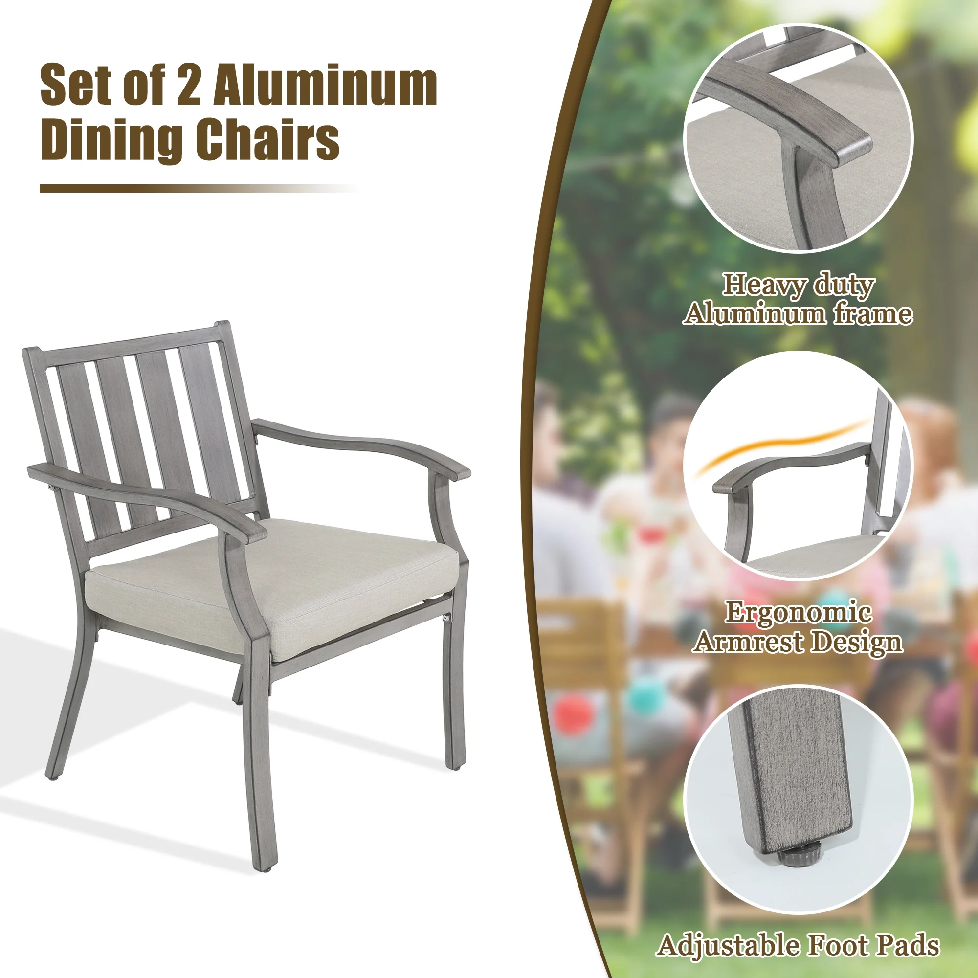 Ulax Furniture Patio Aluminum Dining Chairs with Sunbrella Cushions, Set of 2