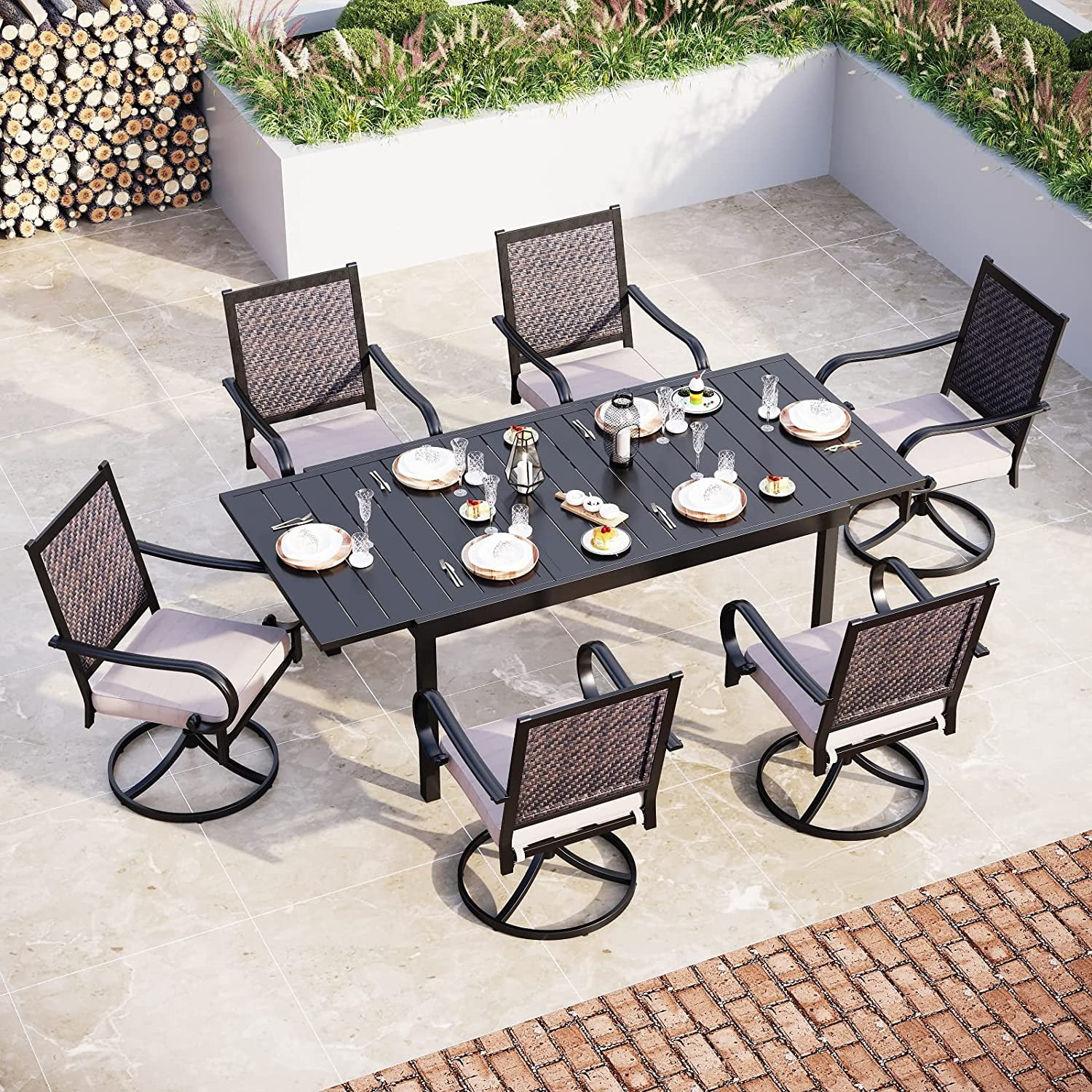 & William 9 Pieces Patio Dining Set for 8  Outdoor Furniture with 1 X-Large E-Coating Square Metal Table and 8 Black Portable Folding Sling Chairs  Outdoor Table & Chairs for Porc