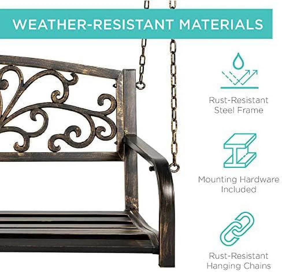 2-Person Metal Outdoor Porch Swing, Hanging Steel Patio Bench For Garden Deck W/Floral Accent, 485Lb Weight Capacity - Bronze