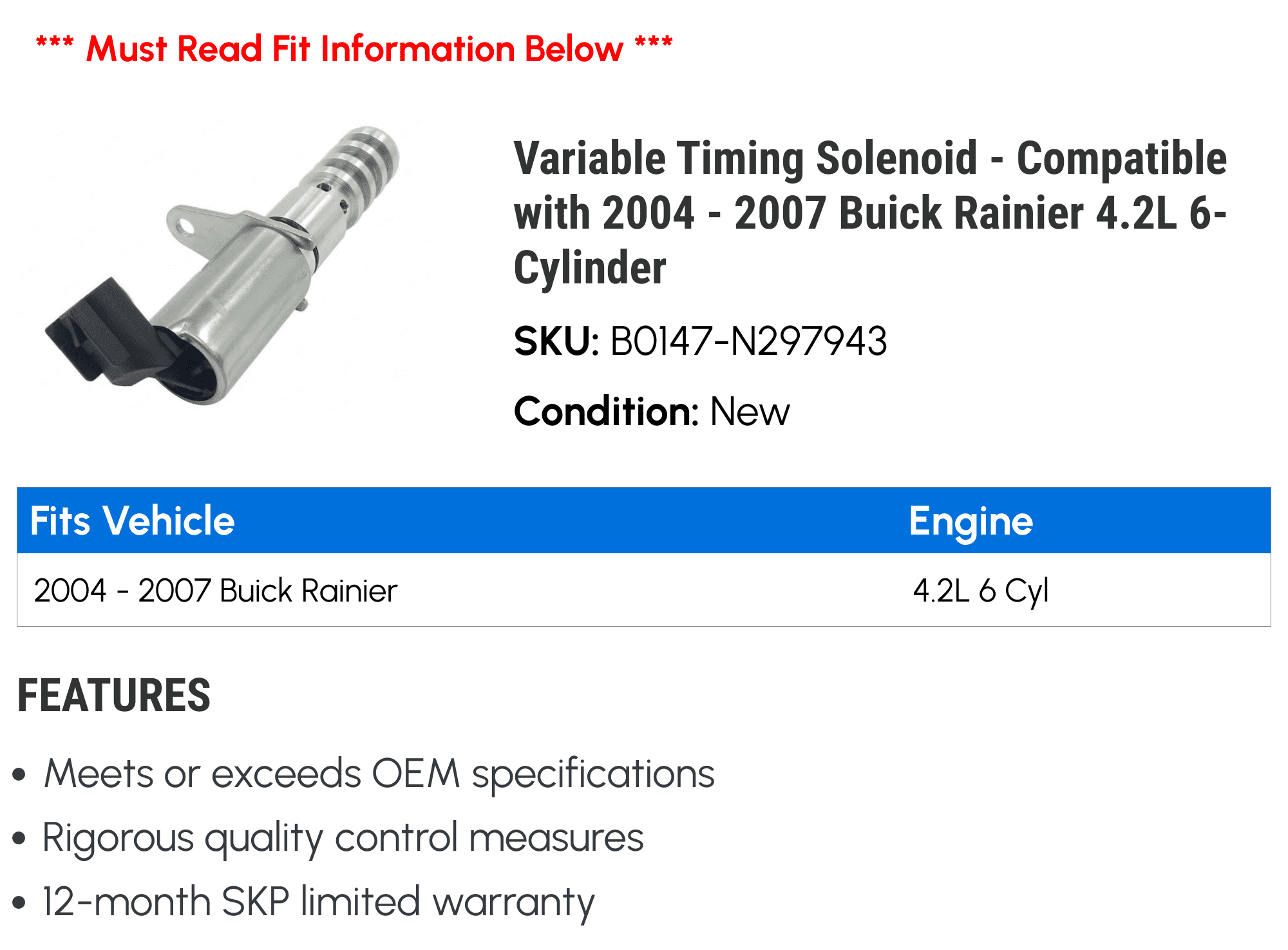 Variable Timing Solenoid - Compatible with 2004 - 2007 Buick Rainier 4.2L 6-Cylinder 2005 2006