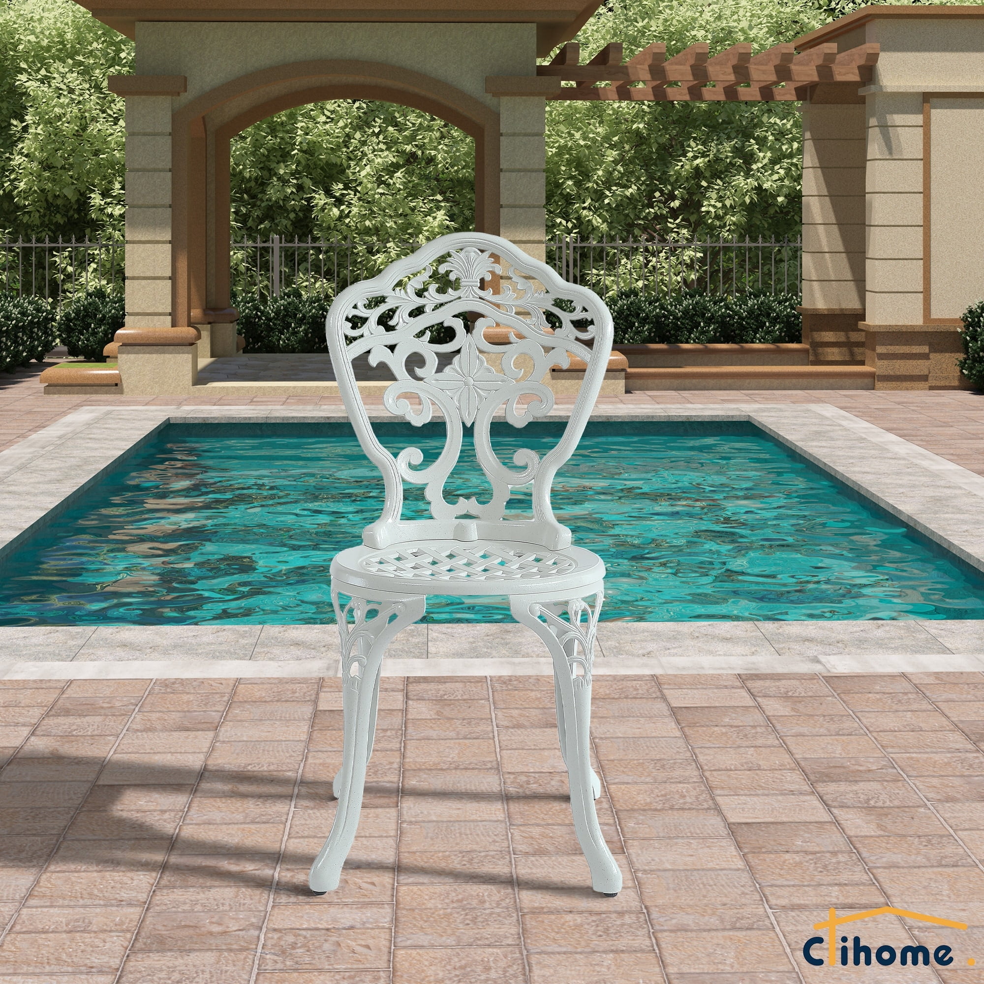 Clihome  Patio Cast Aluminum Bistro Chair with Flower Design (Set of 2) White