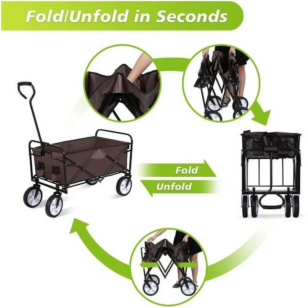 Rolling Collapsible Garden Cart Camping Wagon, with 360 Degree Swivel Wheels & Adjustable Handle, 220lbs Weight Capacity,Brown