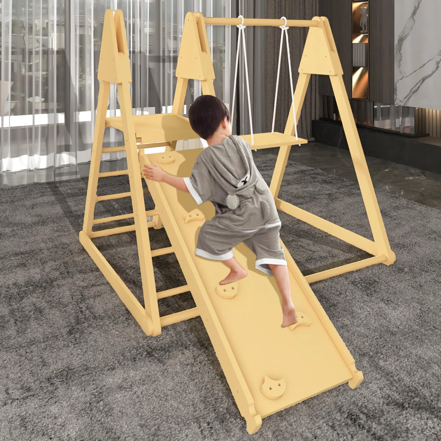 Toddler Climbing Toys Indoor, Kids Indoor Playground Wooden Toys, Montessori X-Large Wooden Climbing Triangle Adjustable Angle with Thickened 2 Sides Slides for Toddlers Indoor Outdoor
