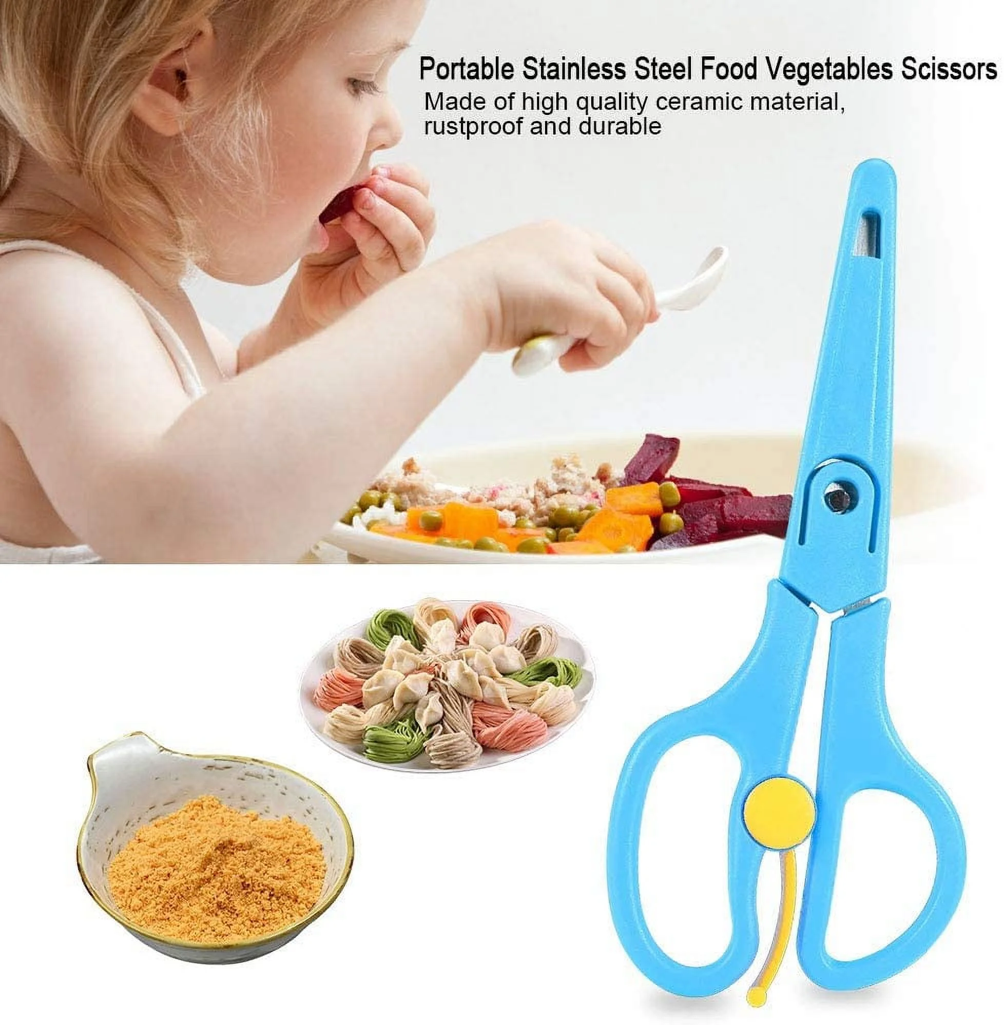 Food Shears Stainless Steel Baby Scissors Food Scissor with Plastic Cover for Toddlers, Preschool Training Kids Scissors(Blue)