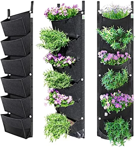 BUYTER Vertical Wall Hanging Garden Planter with 6 Pockets Flower Pots Felt Planter Grow Container Bags (Blacky)
