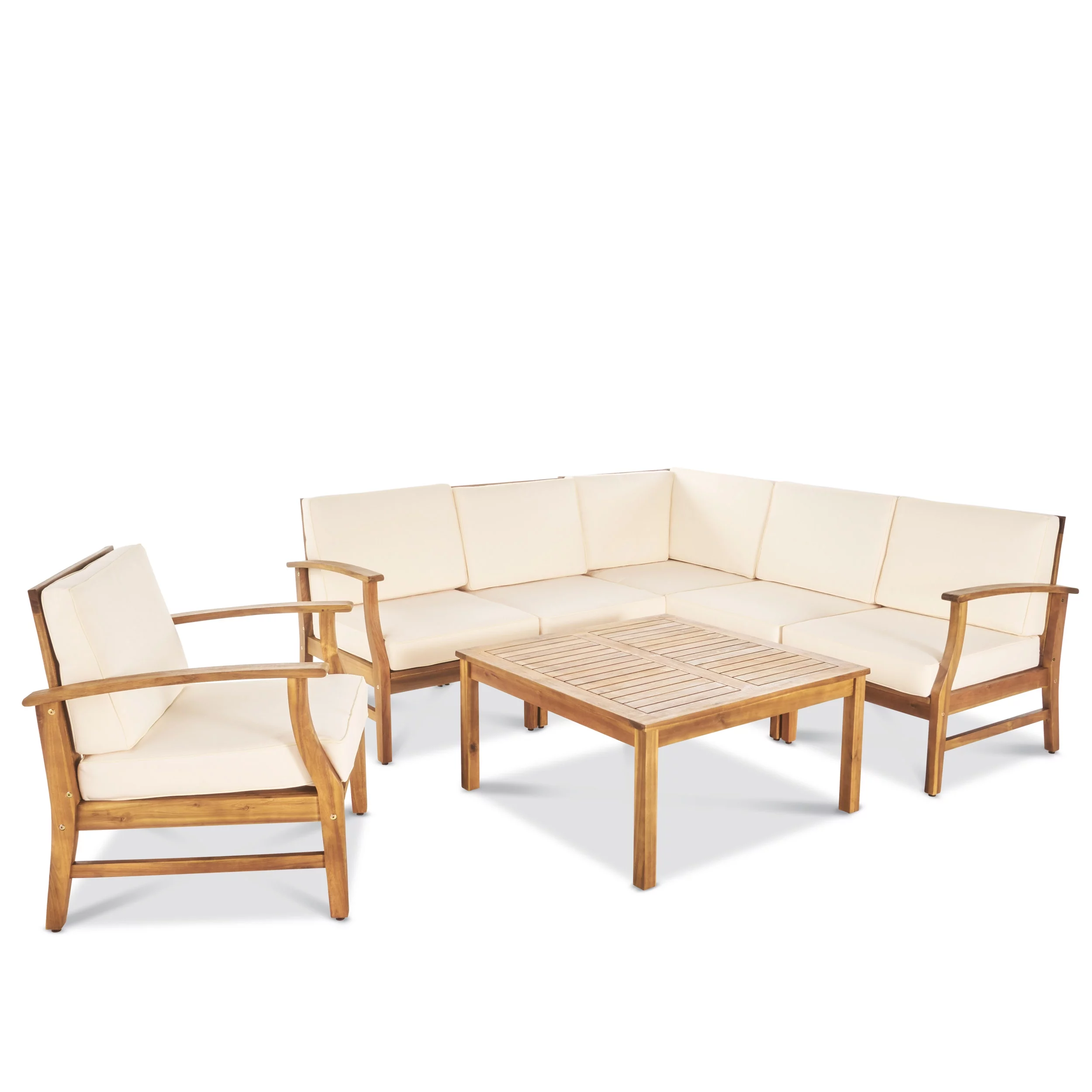 Outdoor 7 Piece Finished Acacia Wood Sofa Set with Cushions,Teak,Cream