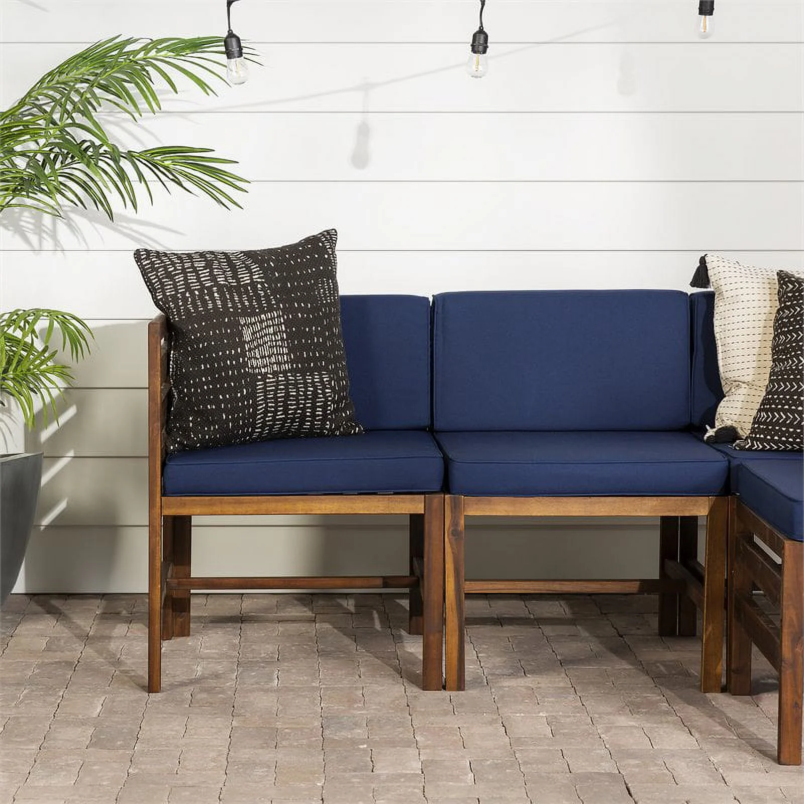 Sanibel 4 Piece Modular Acacia Set with Ottoman in Dark Brown/Navy Blue