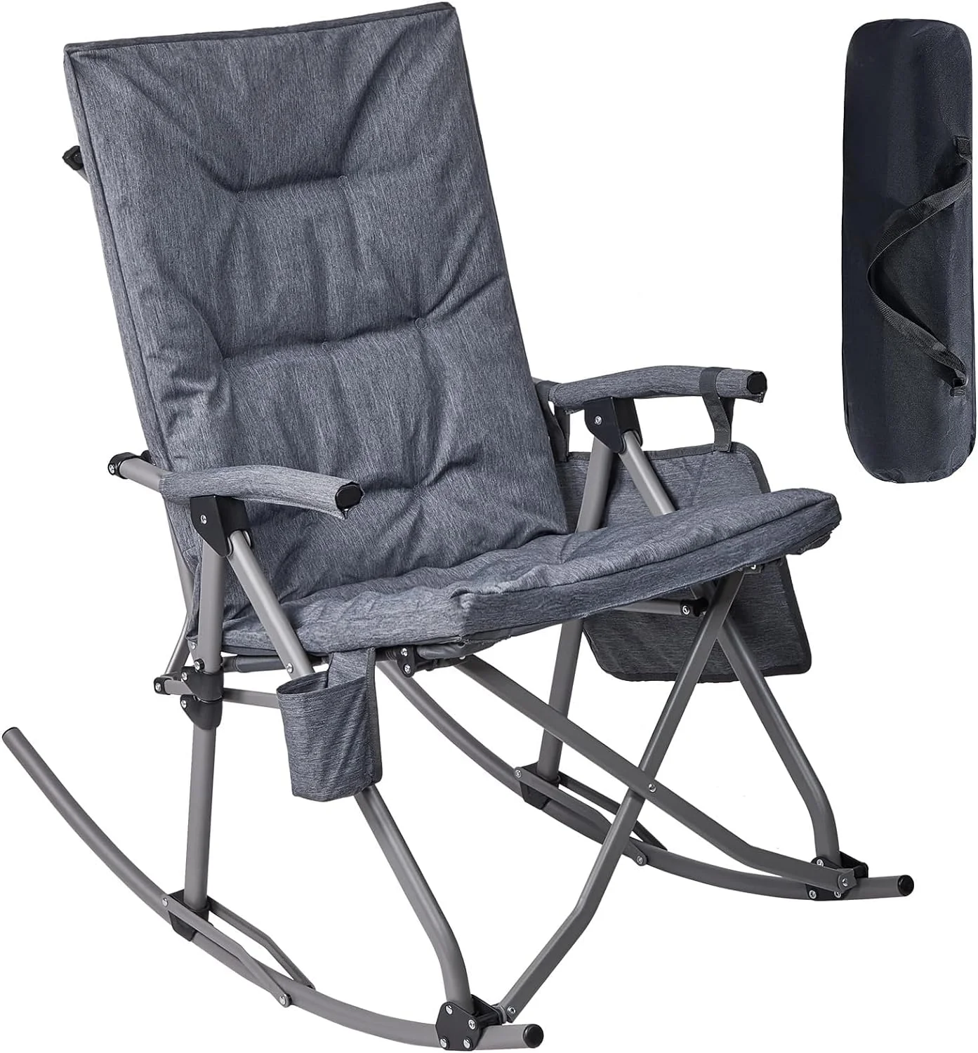 Oversized Folding Rocking Camping Chair, Padded Portable Rocker Chair for Patio, Lawn and Outdoors, Heavy Duty Hard Armchair for Adults Supports 300lbs, Grey